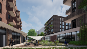 Entwurf für Gebäude: Zwischen mehreren Gebäuden ist eine Freifläche mit Aufenthaltsmöglichkeiten und viel grün.