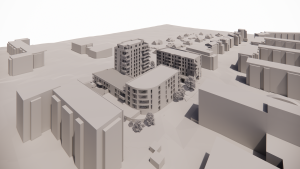 Architekturentwurf: Zwischen schemenhaft dargestellten Gebäuden steht ein Gebäudekomplex