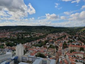 Panoramoblick auf die Stadt Jena mit Fokus Bachstraße