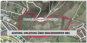 Auf einem Luftbild von der Lobdeburg plus Umgebung ist eine Umleitung eingezeichnet.