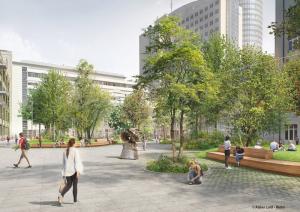 Entwurf: So könnte der Ernst-Abbe-Platz aussehen: Neben Bäumen gibt es auc begrünte Sitzflächen.