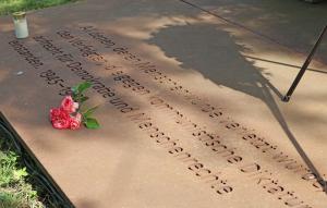 Eine Rose liegt auf einer Gedenktafel.