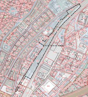 Kartenausschnitt, gestrichelt umrandeter Bereich ist der Geltungsbereich des Bebauungsplanes