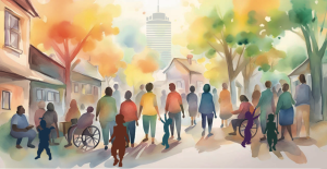 Illustration einer vielfältigen Menschengruppe auf einer von Bäumen gesäumten Straße in einer Stadt. Zu sehen sind Erwachsene, Kinder und Personen im Rollstuhl, die gemeinsam in Richtung des Jenatowers gehen. Die Szene ist in warmen, freundlichen Farben gemalt und vermittelt Gemeinschaft, Inklusion und Zusammenhalt.