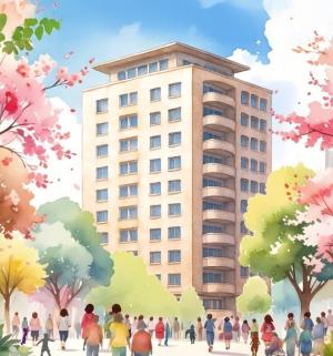 Eine Illustration zeigt ein mehrstöckiges Wohnhochhaus mit hellen Fassaden und runden Balkonen. Das Gebäude steht inmitten blühender Bäume in Rosa, Gelb und Grün. Viele Menschen spazieren und bewegen sich auf einem Platz vor dem Haus, wodurch eine lebendige, freundliche Atmosphäre entsteht.
