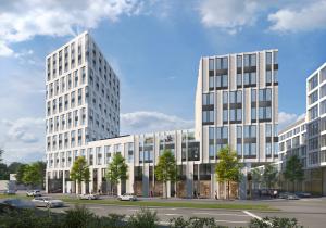 Darstellung eines Gebäudes für das Quartier 22, Blick vom Eisenbahndamm, mit Straße und Bäumen davor.