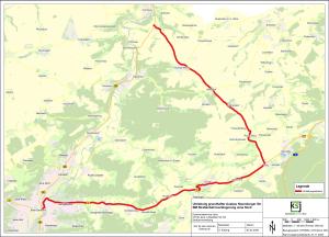 Karte von der Stadt Jena und dem Umland mit einer eingezeichneten Strecke.