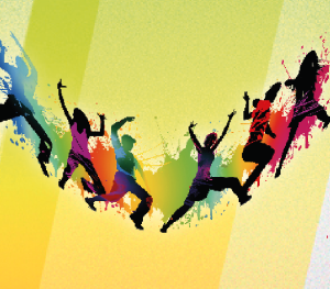 Silhouetten mehrerer springender Menschen vor einem gelb-grünen Hintergrund mit bunten Farbspritzern, die Bewegung, Energie und Freude darstellen.