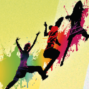 Silhouetten mehrerer springender Menschen vor einem gelb-grünen Hintergrund mit bunten Farbspritzern, die Bewegung, Energie und Freude darstellen.