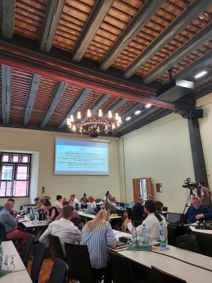 Stadtratsmitglieder sitzen an Tischen im historischen Rathaus während er Stadtratssitzung