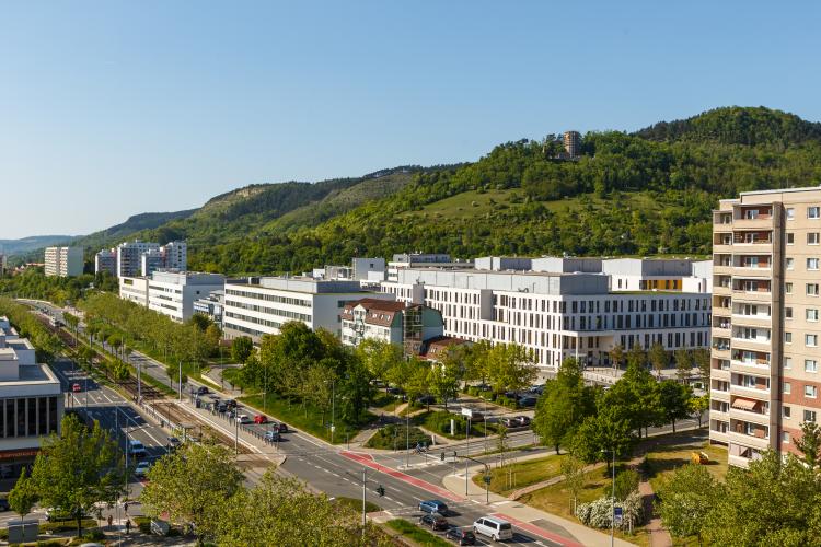 Neubauten im Hintergrund ein Berg mit einer Burganlage