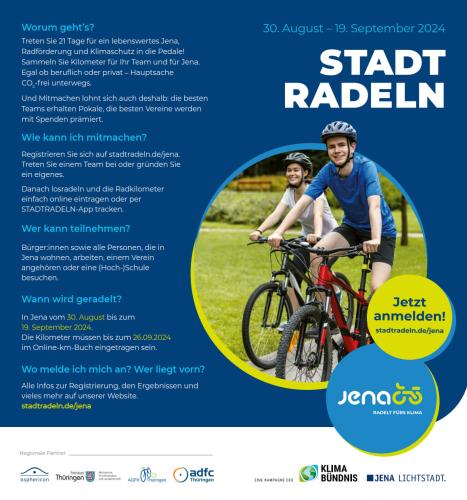 Flyer STADTRADELN Jena 2024 Seite 1: Zwei Personen fahren Rad. Daneben stehen die wichtigsten Informationen zum STADTRADELN