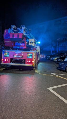 Ein Feuerwehrwagen steht mit Blaulicht vor einem Plattenbau.