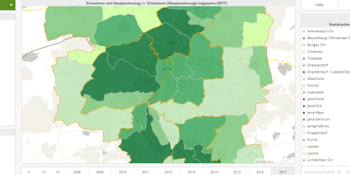 Screenshot Stadtbezirkstatistik Einwohner mit Hauptwohnung in Jena 2017: Kartenausschnitt mit Daten und Legende