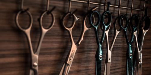 Mehrere Haarschneidescheren hängen nebeneinander an einer Holzwand
