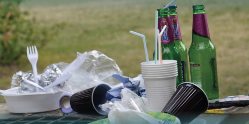 Leere Verpackungen stehen auf einer Wiese