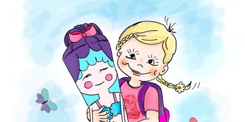 Ein Zeichnung eines Kindes mit einer Schultüte