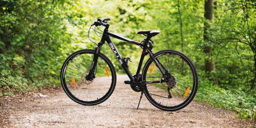 Ein Fahrrad auf einem Weg im Wald