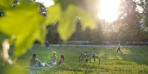 Eine Gruppe Frauen sitzten neben einem Fahrrad im Paradiespark Jena, Jugendliche spielen Ball. Es scheint die Sonne.