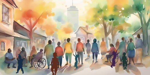 Illustration einer vielfältigen Menschengruppe auf einer von Bäumen gesäumten Straße in einer Stadt. Zu sehen sind Erwachsene, Kinder und Personen im Rollstuhl, die gemeinsam in Richtung des Jenatowers gehen. Die Szene ist in warmen, freundlichen Farben gemalt und vermittelt Gemeinschaft, Inklusion und Zusammenhalt.