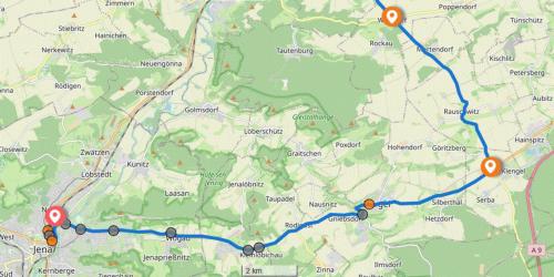 Karte von der Stadt Jena und dem Umland mit einer eingezeichneten Strecke.