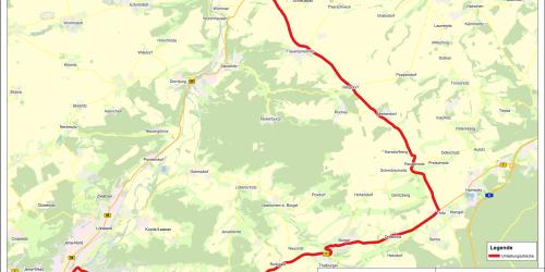 Karte von der Stadt Jena und dem Umland mit einer eingezeichneten Strecke.