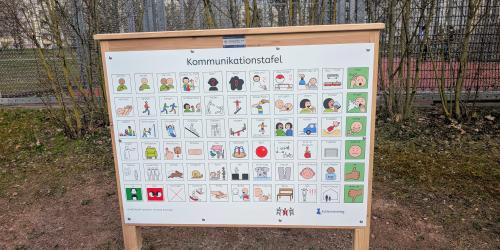 Eine Tafel mit 66 leicht verständlichen Symbolen können Wünsche, Bedürfnisse oder Gefühle gezeigt werden auf einem Spielplatz.