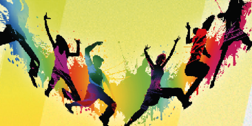 Silhouetten mehrerer springender Menschen vor einem gelb-grünen Hintergrund mit bunten Farbspritzern, die Bewegung, Energie und Freude darstellen.