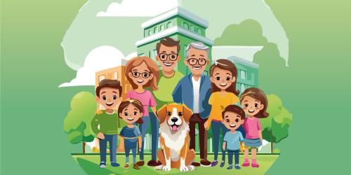Digitale Skizze einer Familie mit Hund