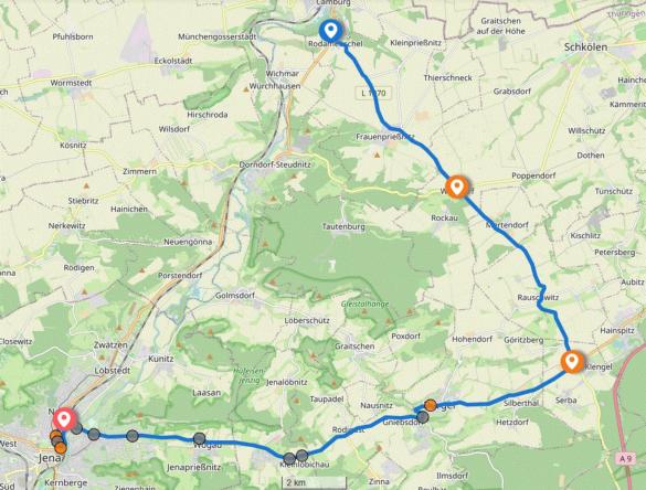 Karte von der Stadt Jena und dem Umland mit einer eingezeichneten Strecke.