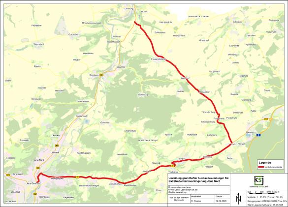 Karte von der Stadt Jena und dem Umland mit einer eingezeichneten Strecke.