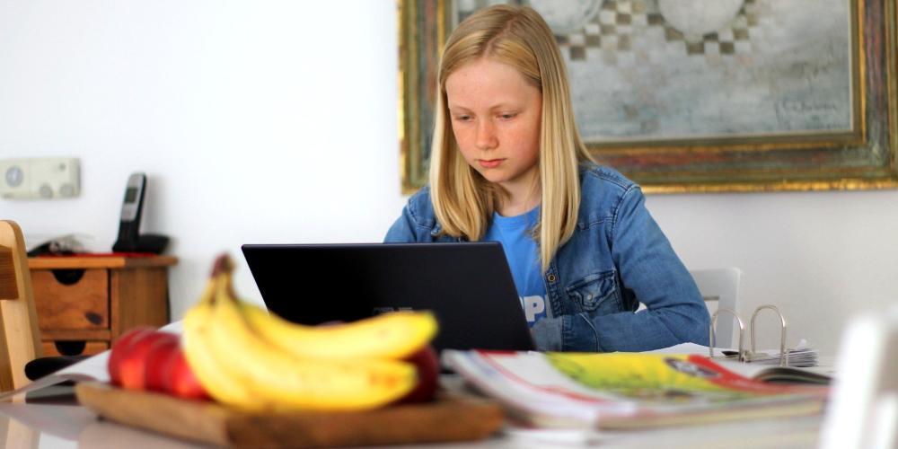 Kind sitzt an Esstisch vor einem Laptop. Im Fordergrund stehen Banenen auf dem Tisch, im Hintergrund hängt ein großes Bild an der Wand.