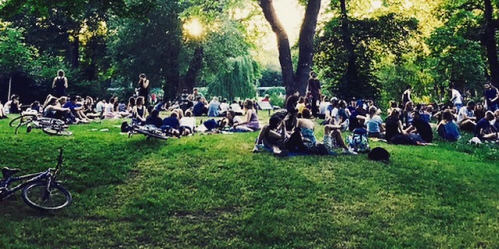 Menschen auf einer großen Wiese