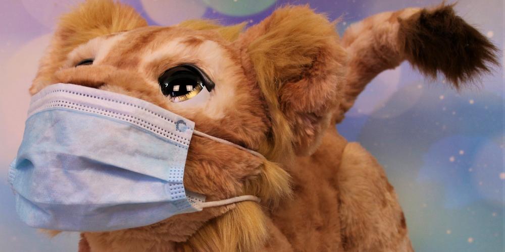 Ein Plüschlöwe mit Maske