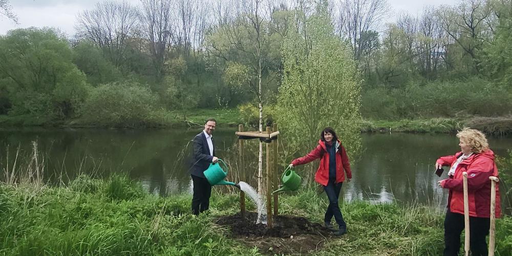 Zwei Menschen haben einen Baum gepflanzt