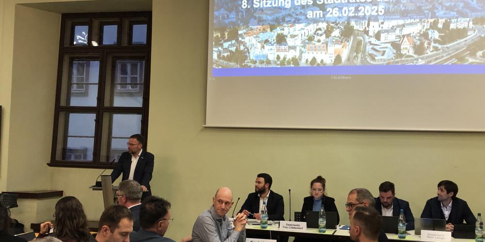 Personen sitzen in einem Raum. Ein Mann steht am Rednerpult.