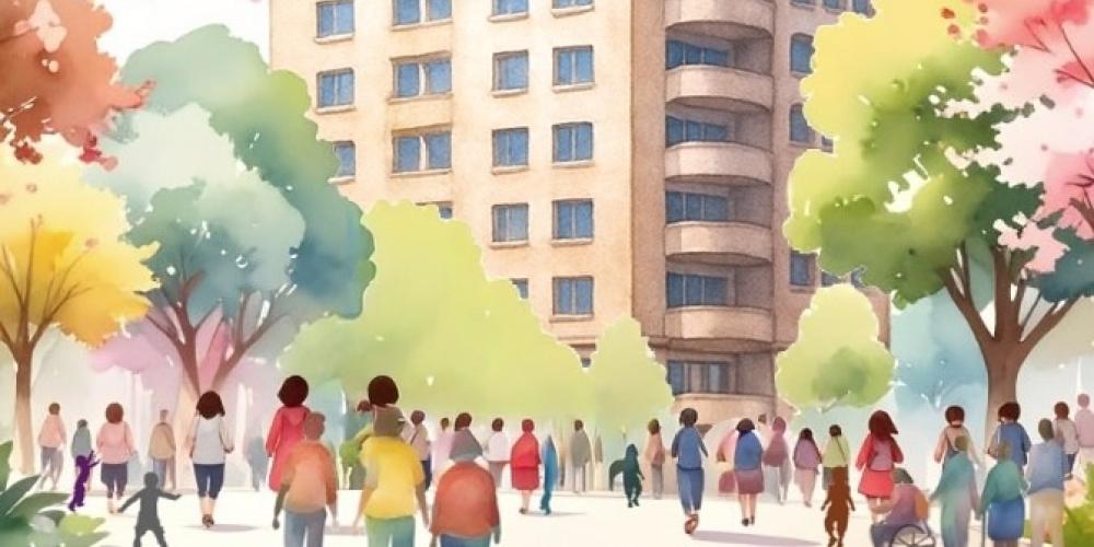Ein fiktives Hochhaus bei sonnigem Wetter mit blühenden Bäumen, verschiedenen Menschen aller Altersgruppen strömen auf das Haus zu.