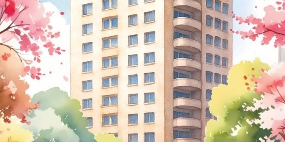 Eine Illustration zeigt ein mehrstöckiges Wohnhochhaus mit hellen Fassaden und runden Balkonen. Das Gebäude steht inmitten blühender Bäume in Rosa, Gelb und Grün. Viele Menschen spazieren und bewegen sich auf einem Platz vor dem Haus, wodurch eine lebendige, freundliche Atmosphäre entsteht.