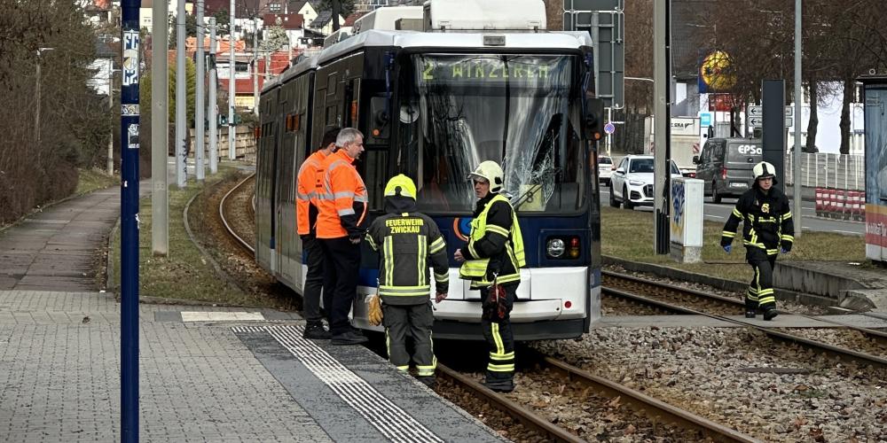 Eine Straßenbahn steht auf den Gleisen mit gesprungener Frontscheibe. Drei Feierwehrleute und zwei Männer in orangfarbener Weste begutachten den Schaden.