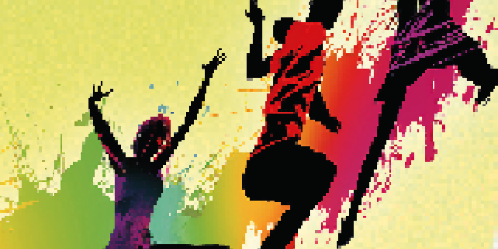 Silhouetten mehrerer springender Menschen vor einem gelb-grünen Hintergrund mit bunten Farbspritzern, die Bewegung, Energie und Freude darstellen.