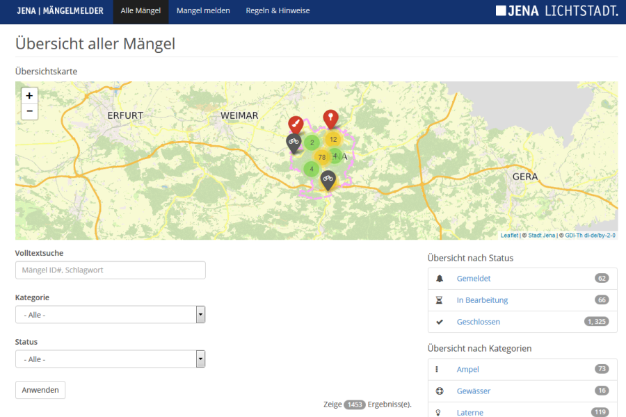 Ein Screenshot der Startseite des Mängelmelder-Portals der Stadt Jena.