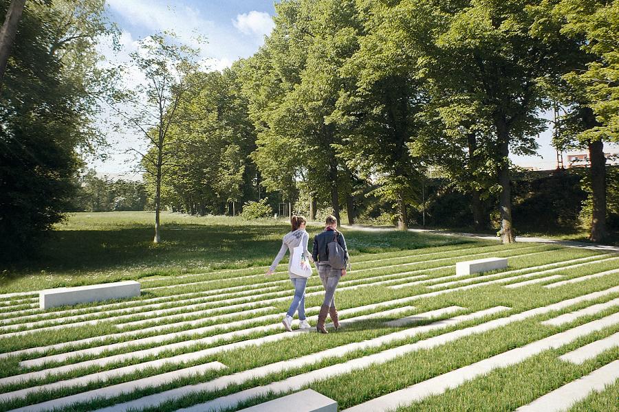 Eine Parklandschaft mit Sitzsteinen
