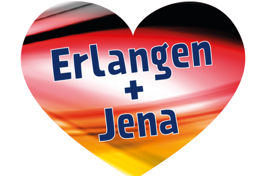 Ein Herz mit den deutschen Farben und der Aufschrift Erlangen + Jena