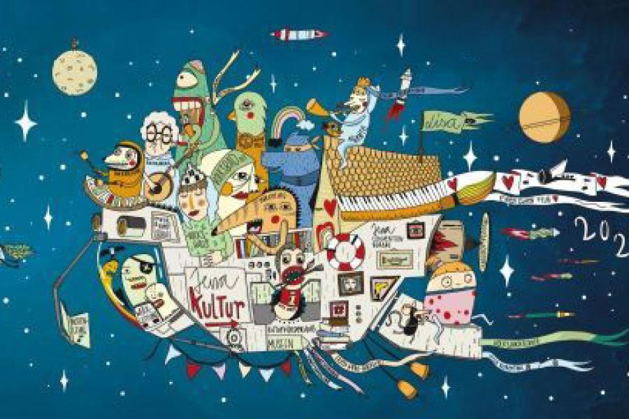 Eine Collage mit Comicfiguren, ein belebtes Raumschiff darstellend