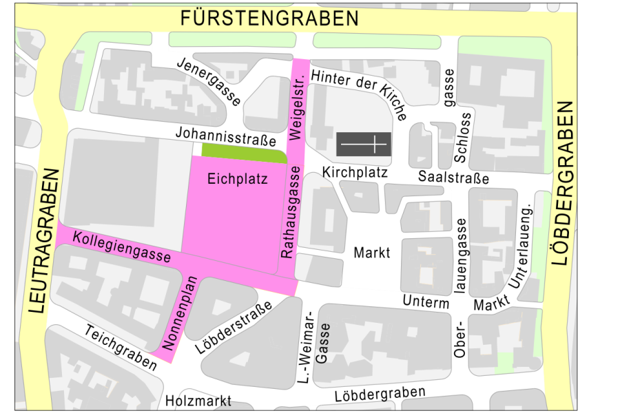 Kartenausschnit von der Innenstadt Jena mit dem lila markierten Bereich der am autofreien Tag gesperrt ist.