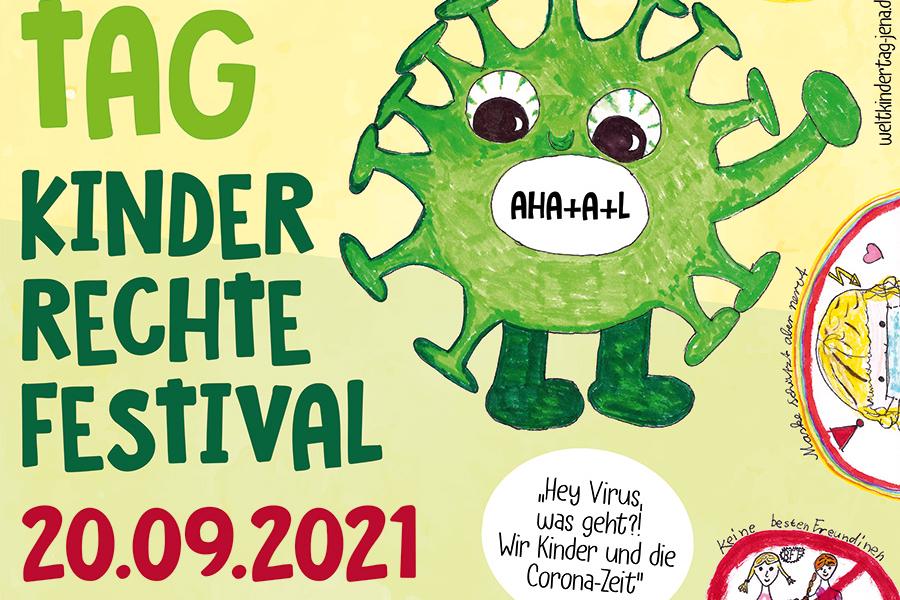 Das von einem Kind gemalte Bild zeigt Corona-Virus und die zugehörigen Regeln