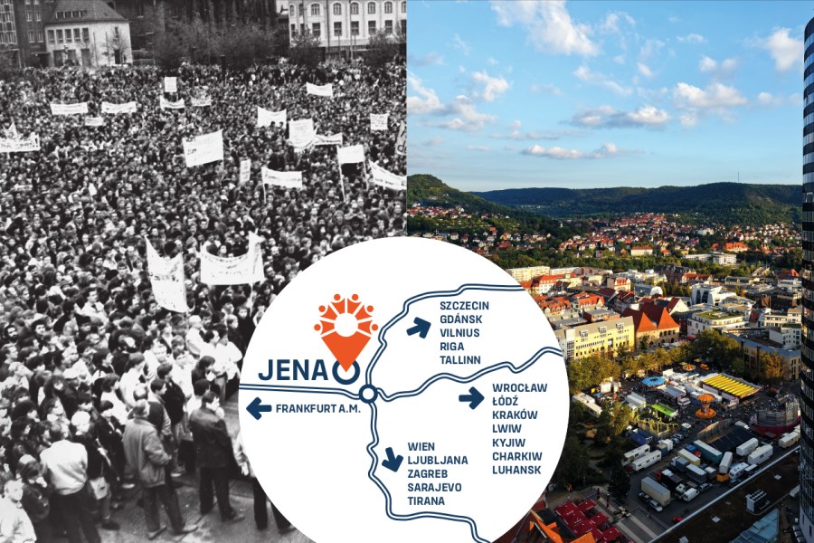 Zweigeteiltes Bild, linke Seite schwarz weiss Demostranten mit Plakaten, rechts farbig blick auf dem Eichplatz, in der Mitte eine Art Karte mit Jena in der Mitte