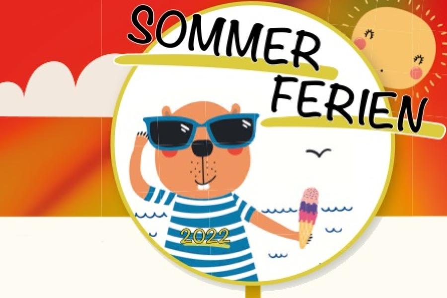 Logo Sommerferienfaltplan: Ein Comic-Biber mit Sonnenbrille hat eineWaffel mit Eiskugeln in der Hand.