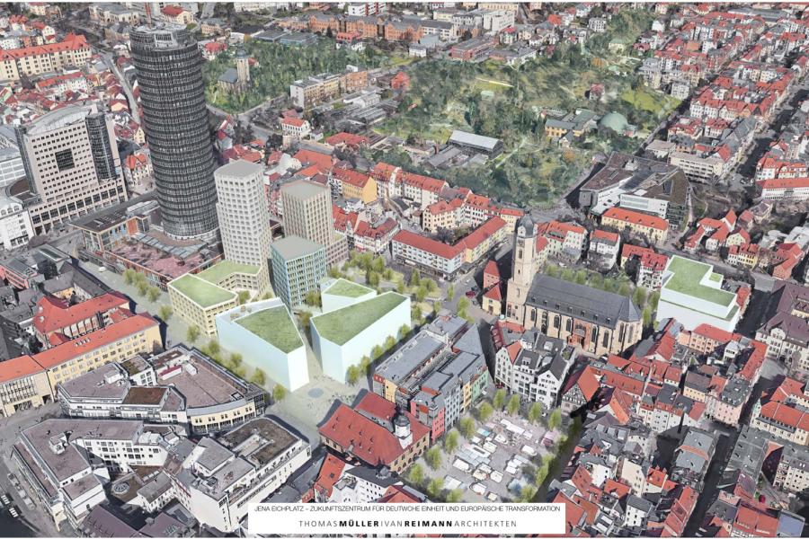 Visualisierung des Zukunftszentrums auf dem Eichplatz in Jena.