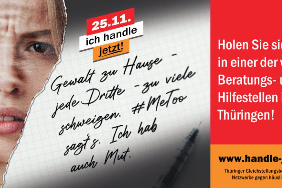 Bild einer Frau, danaben Text gegen häusliche Gewalt